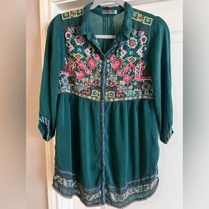 Johnny Was Teal Embroidered Floral Button Down Top Size Small